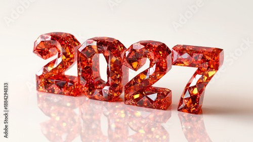 Realistic high quality 3d image of 2027 word made of glowing gemstones with fire inside. New Year banner for advertisement and announcements.