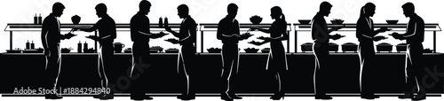 Silhouette of diverse people serving food at a buffet station, group of men and women standing in line at restaurant cafeteria during lunch,
