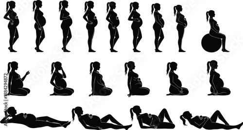 Set of pregnant woman silhouettes in various poses including standing, sitting on floor, exercising with ball, and lying down for maternity health concept