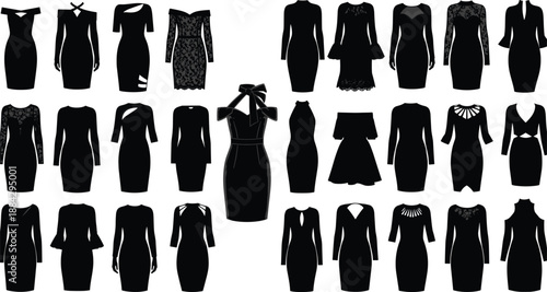 Vector set of elegant little black dresses silhouettes, fashion icons with various necklines, sleeves, lace details, cocktail party outfits for woman, isolated.