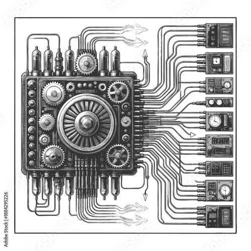 steampunk-style control unit featuring gears, tubes, dials, and interconnected wires in a square layout sketch engraving generative ai vector illustration. Scratch board imitation. Black and white.