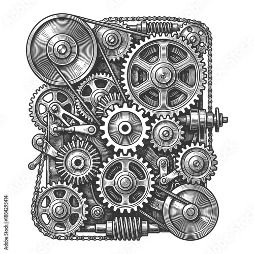 interconnected gears, wheels, pulleys, and chains representing machinery, mechanics, or engineering systems sketch engraving generative ai vector illustration. Scratch board imitation. Black and white