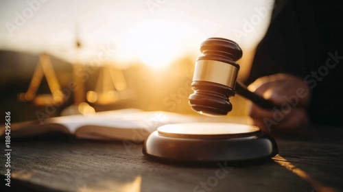 Judge striking gavel in courtroom, balancing justice and law with legal authority and fair judgement under sunset light