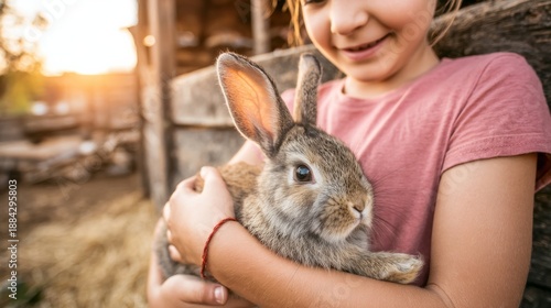 Young girl tenderly holding a furry rabbit, smiling while bonding with her pet on a rural farm during golden hour
