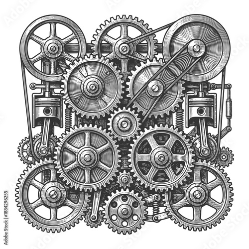 interconnected gears, wheels, pulleys, and chains representing machinery, mechanics, or engineering systems sketch engraving generative ai vector illustration. Scratch board imitation. Black and white