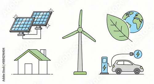This vector ecology icons set features green energy technology including wind turbines and solar panels for renewable electricity to power an eco house in a sustainable nature environment