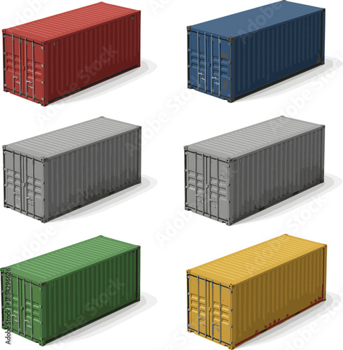 Isolated a kinds of deferent realistic cargo freight shipping container 3d render vector art with white background..