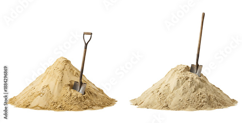 a set of piles of sand with a shovel stuck into them on a transparent background