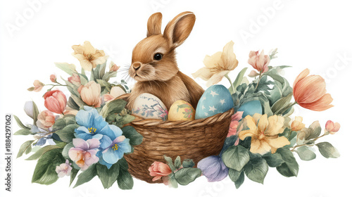 Rabbit in a basket with colorful Easter eggs surrounded by flowers with green leaves on white background. Watercolor illustration. Generative AI
