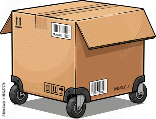 Isolated a realistic Cardboard Box with wheels - Shipping and delivery concept vector art with white background..