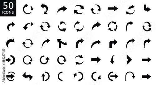 A collection of 50 black arrow icons in various styles and directions, including refresh, reload, and directional pointers, arranged on a white background.