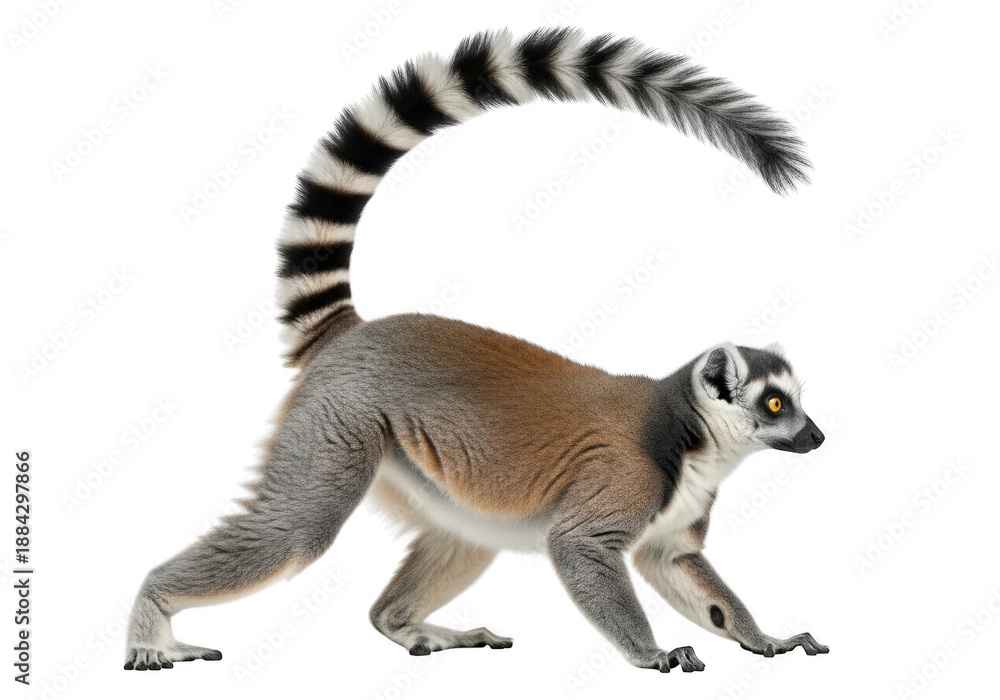 Obraz premium Ring-tailed lemur walking on transparent background isolated on transparent background