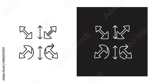 Set of four outline arrow icons representing expansion, contraction, vertical resizing, and rotational movement for user interface design.