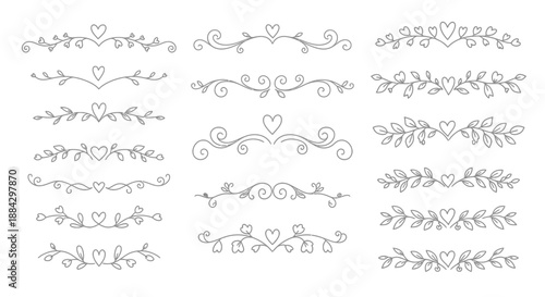 This elegant set of hand-drawn vector dividers, adorned with delicate hearts and intricate floral patterns, is perfect for romantic designs and wedding invitations.