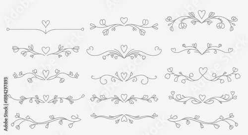 A beautiful collection of hand-drawn line art dividers featuring delicate hearts and floral flourishes, perfect for romantic invitations and elegant design projects.