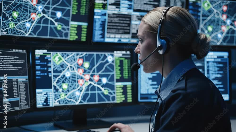Female emergency dispatcher working in a high-tech control room. 911 ...