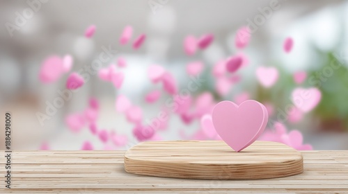 Wallpaper Mural Empty wooden tabletop, pink heart bokeh background, for product display and romantic concept, Valentine's Day banner template design Torontodigital.ca