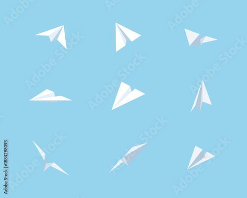 Set of white paper airplane in various directions. Origami airplane flying in the air suitable for communication, messaging, delivery, travel, startup, and creative themes.