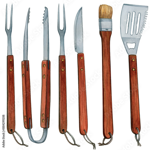 Watercolor hand drawn bbq cooking tools