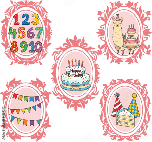 Cute birthday illustration set with cakes, numbers, party decorations, llama character, festive frames, colorful cartoon elements for kids celebration design