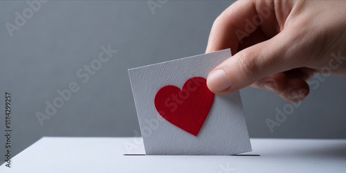 Vote for Love: Hand drops heart card in ballot box for affection & commitment.