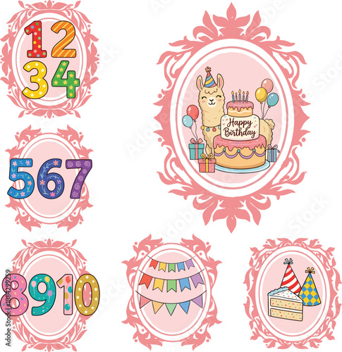 Cute birthday illustration set with cakes, numbers, party decorations, llama character, festive frames, colorful cartoon elements for kids celebration design