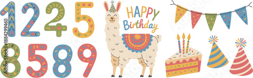 Cute birthday illustration set with numbers, llama, cake, bunting, party hats, festive decorations, colorful cartoon elements for kids celebration design