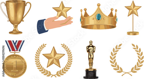 Golden awards and achievement symbols set including trophy, medal, crown, star, laurel wreath, winner prizes, success recognition illustration