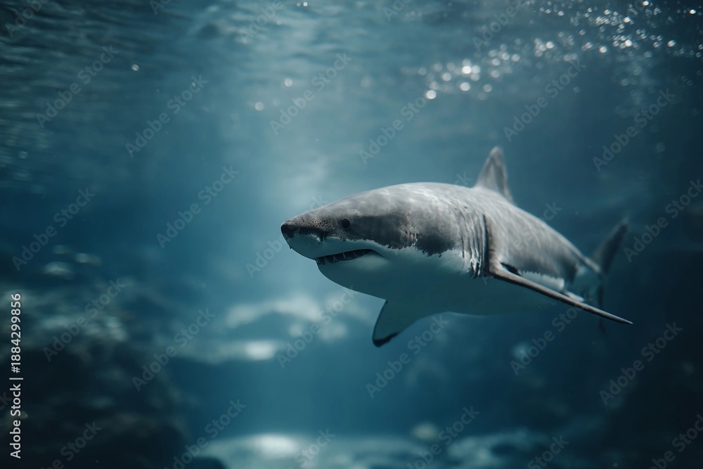 Fototapeta premium Shark swims through clear water in ocean habitat