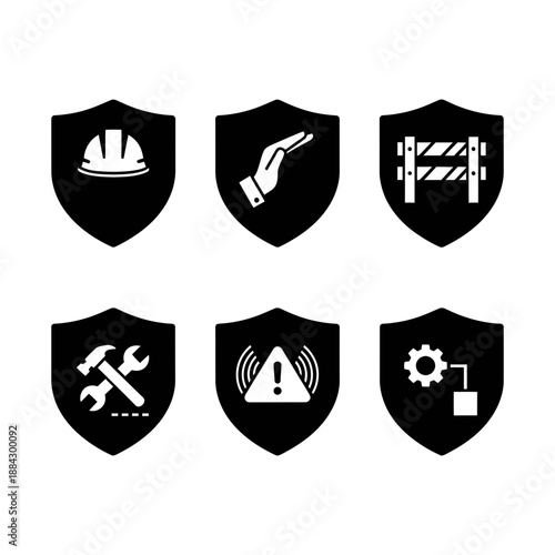 Construction and service shield icons with tools and teamwork symbols