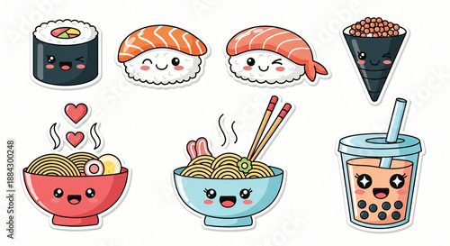 Vector illustration set of birthday party icons featuring a restaurant meal with cake, cupcake, hamburger, sushi, and drinks for a festive dinner