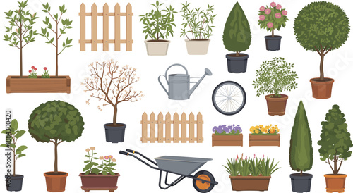 Hand drawn garden elements collection with potted plants, trees, flowers, tools, fences, decorative nature objects, botanical illustration set