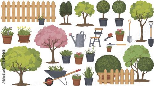 Hand drawn garden elements collection with potted plants, trees, flowers, tools, fences, decorative nature objects, botanical illustration set