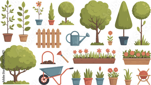 Hand drawn garden elements collection with potted plants, trees, flowers, tools, fences, decorative nature objects, botanical illustration set