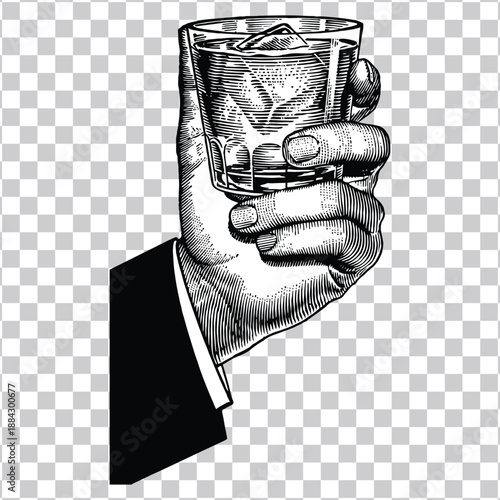 Hand holding a glass of ice-cold beverage with a crisp, clear design, perfect for refreshment and celebration themes