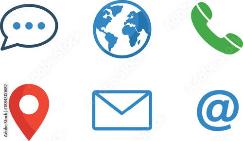 Modern communication icons set including chat bubble, globe, phone, location pin, email envelope, at symbol, digital contact interface design