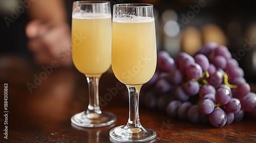 Two Fluted Glasses Containing Mimosa-Like Drinks On a Bar Next to a Cluster of Red Grapes
