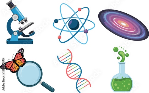 Science icons set featuring microscope, atom, galaxy, DNA helix, butterfly research, laboratory flask, education and scientific discovery illustration