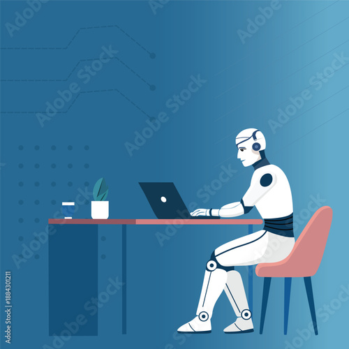 Artificial Intelligence Robot Working on Laptop – Future Technology Concept Illustration. Symbolising AI In The Workplace, Automation, And Future Of Work, 
