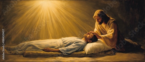 Jesus touched a weak person's forehead as they laying on a plain mat, and His hands glowed brightly.