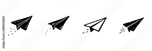 Paper Airplane Icons In Hand Drawn Style Set. Creativity, Communication, And Freedom Doodle Sketch Collection. Minimalist Design Elements. Isolated Vector Illustration