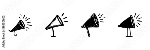 Megaphone Icons In Hand Drawn Style Set. Communication, Announcement, Public Speaking Doodle Sketch Collection. Marketing And Promotion Tools. Isolated Vector Illustration