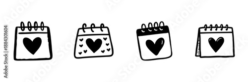 Heart-Themed Calendar Icons In Hand Drawn Style Set. Romantic Date Planning, Love Event Scheduling Doodle Sketch Collection. Valentine'S Day Reminder. Isolated Vector Illustration