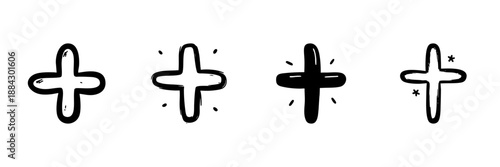Plus Sign Variations In Hand Drawn Style Set. Positive Symbol, Addition, And Medical Cross Doodle Sketch Collection. Decorative Elements. Isolated Vector Illustration