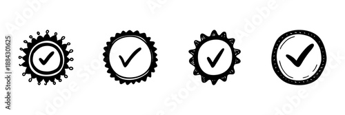 Checkmark Badge Icons In Hand Drawn Style Set. Approval, Certification, Quality Assurance Doodle Sketch Collection. Decorative Emblem Design. Isolated Vector Illustration