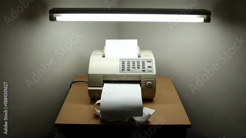Vintage fax machine on a wooden table under fluorescent light, office equipment.