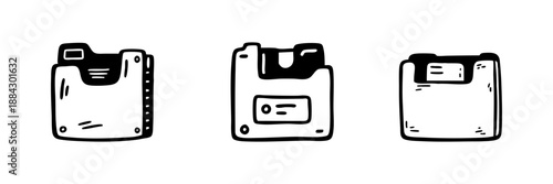 Floppy Disk Icons In Hand Drawn Style Set. Vintage Data Storage, Retro Technology, Computer History Doodle Sketch Collection. Nostalgic Tech Symbols. Isolated Vector Illustration
