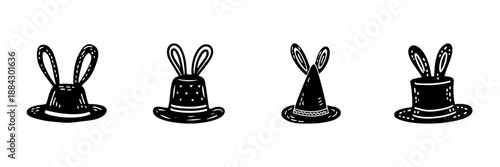 Rabbit Ears On Hats In Hand Drawn Style Set. Magic Show, Illusion, And Entertainment Doodle Sketch Collection. Whimsical And Playful Design. Isolated Vector Illustration