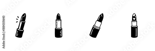 Lipstick Icons In Hand Drawn Style Set. Beauty, Fashion, Makeup Essentials Doodle Sketch Collection. Cosmetic Product Illustration. Isolated Vector Illustration