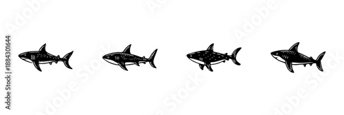 Shark Illustrations In Hand Drawn Style Set. Marine Life, Ocean Predator, Wildlife Conservation Doodle Sketch Collection. Aquatic Animal Art. Isolated Vector Illustration